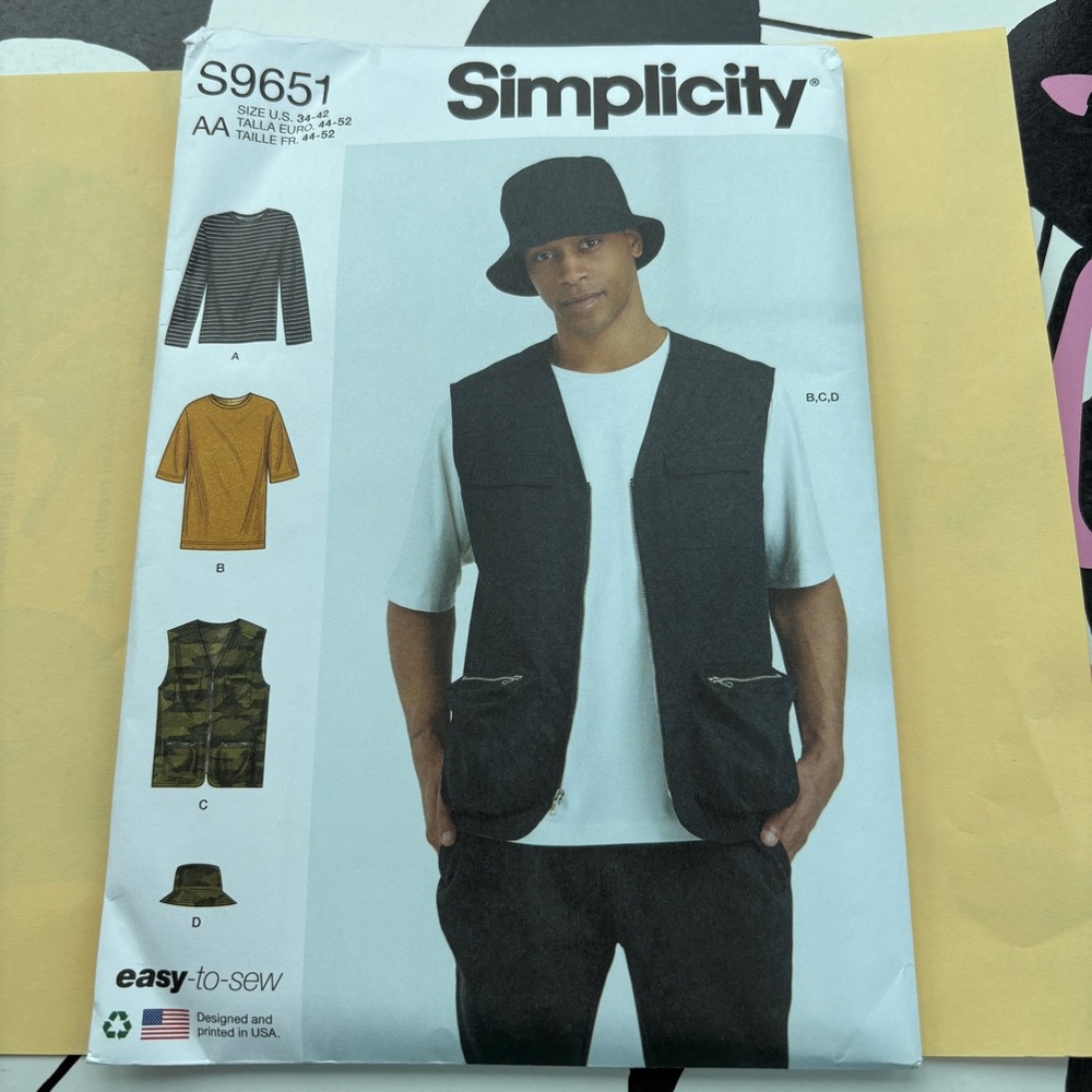 Simplicity Easy to Sew Pattern S9651 AA for Men’s Vest, knit Top, and Hat